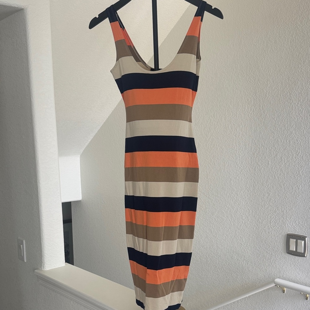 Striped Scoop Neck Bodycon Dress in Orange, Navy & Tan